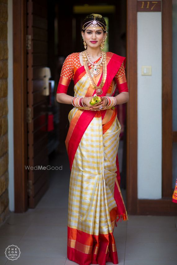 gold and red wedding saree