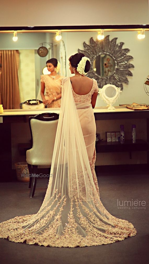Photo Of White Lace Saree With Train For South Indian Bride