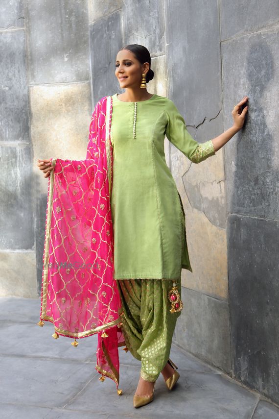 Photo Of Light Green Patiala Suit With Hot Pink Dupatta