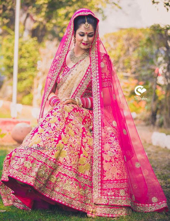 red and pink bridal lehenga