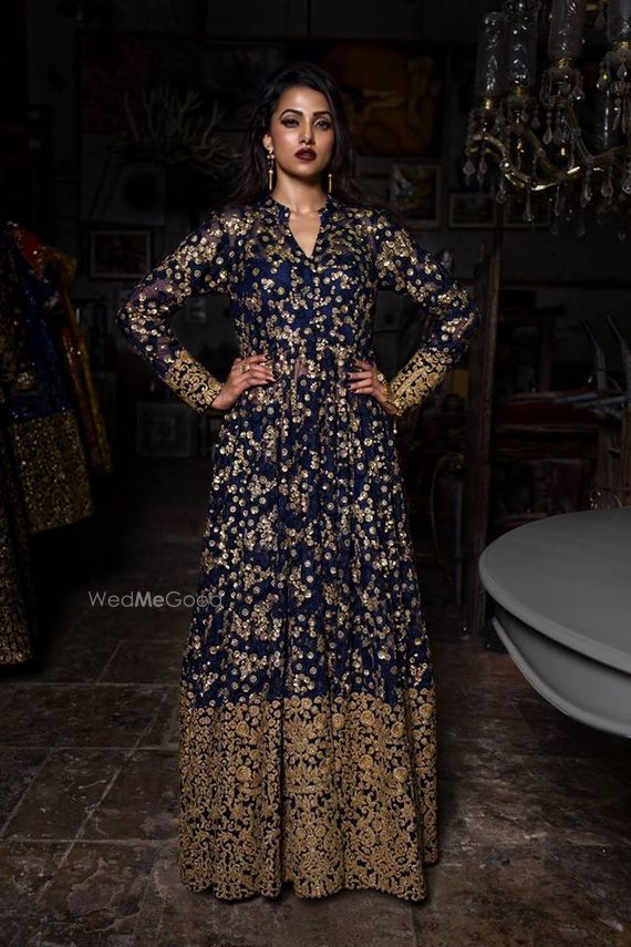 navy blue gown with golden work