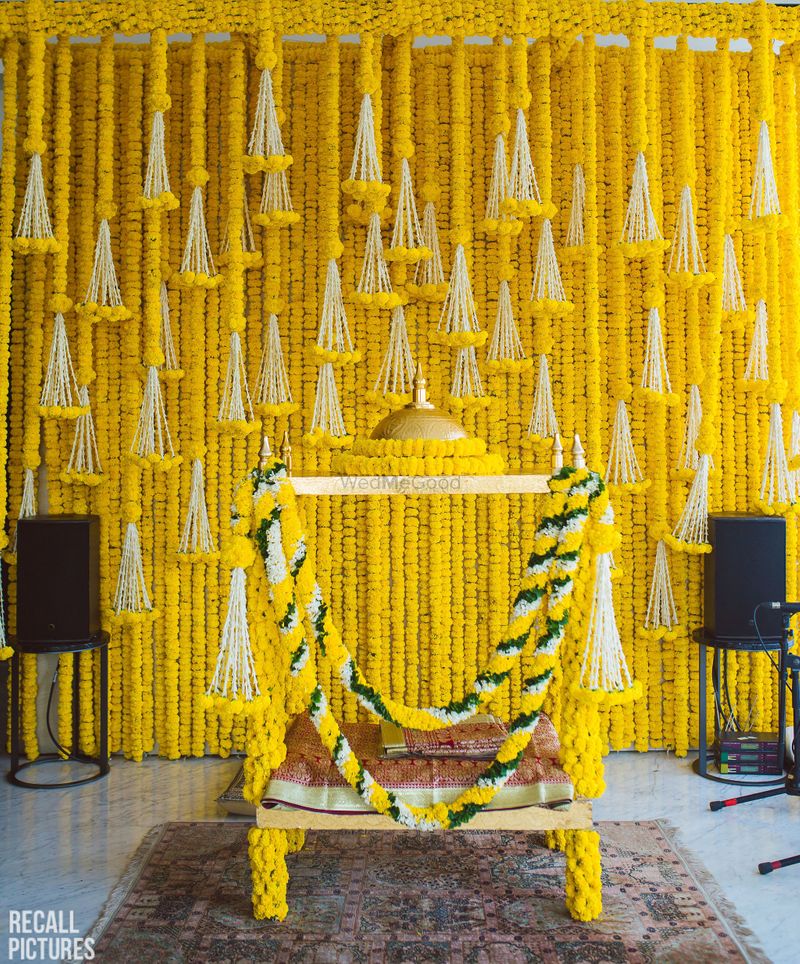 Photo of Genda phool decor for a roka ceremony at home