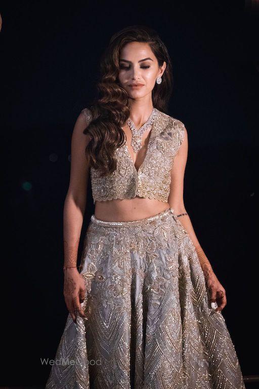 Photo of Silver sangeet lehenga with diamond necklace