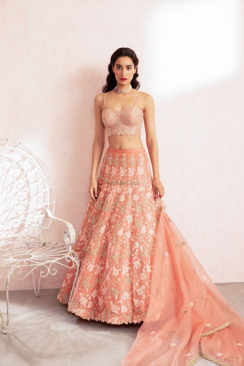 Buy Dusty peach mirror embroidery lehenga set by Chamee and Palak at Aashni  and Co