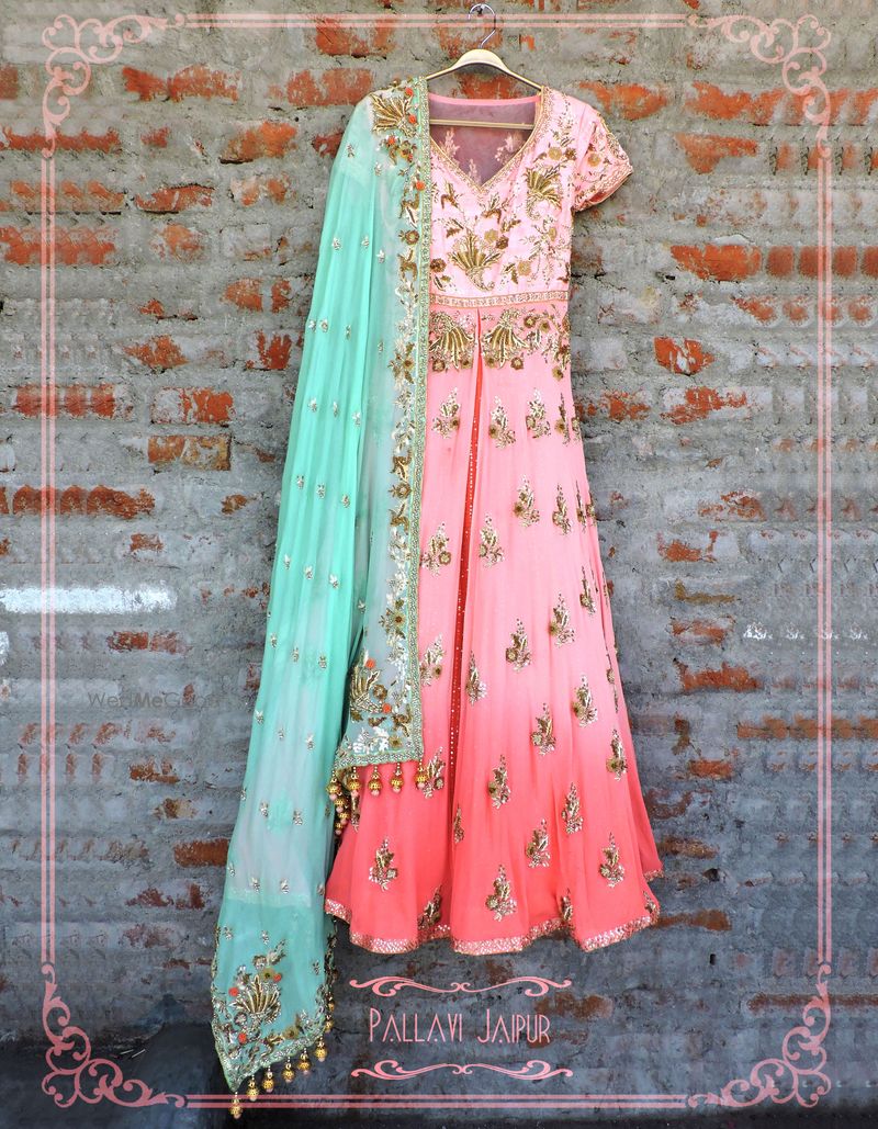 Green Ombre Embroidered Pleated Anarkali Set