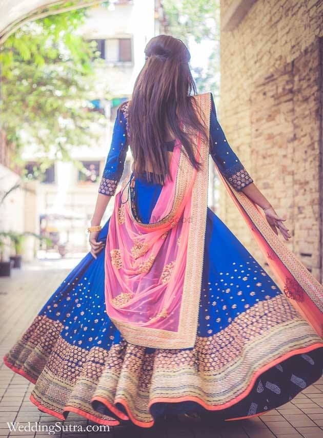 Navy Blue Back Train Lehenga Blouse – Dupatta - Pakistani Bridal Dress