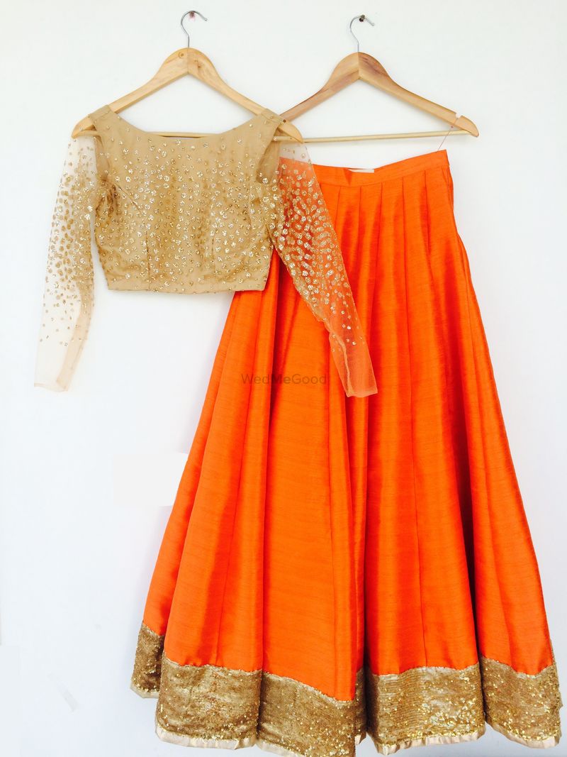 Buy - Loka hameer bright orange silk lehenga set | Elan Store