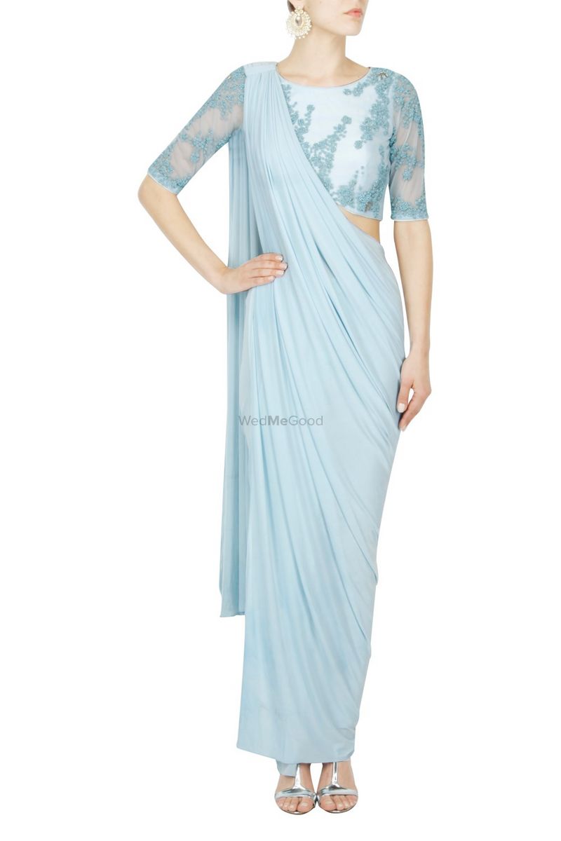 Photo of Powder blue saree gown with beaded blouse