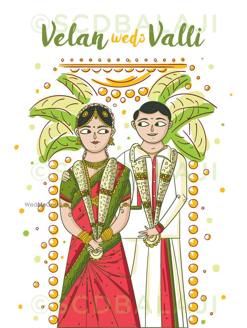 South Indian caricature wedding card with bride and groom cartoons