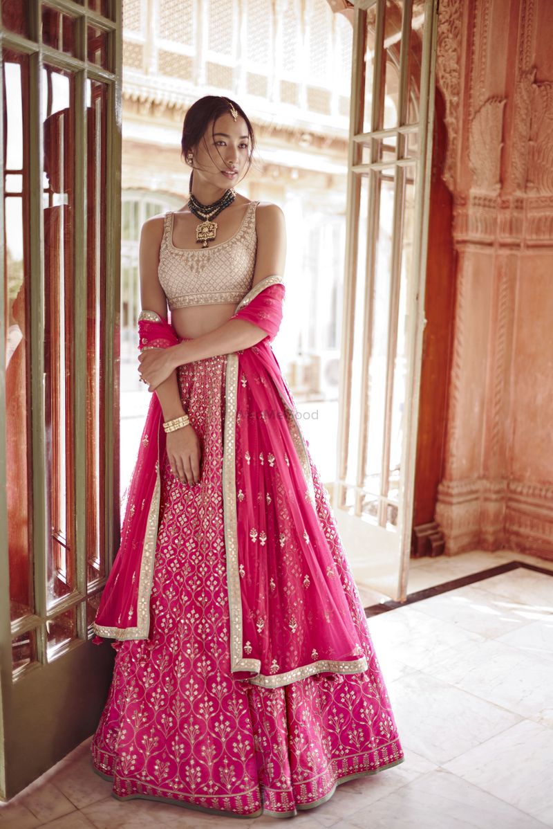Photo of Pink lehenga with contrasting gold blouse Anita dongre