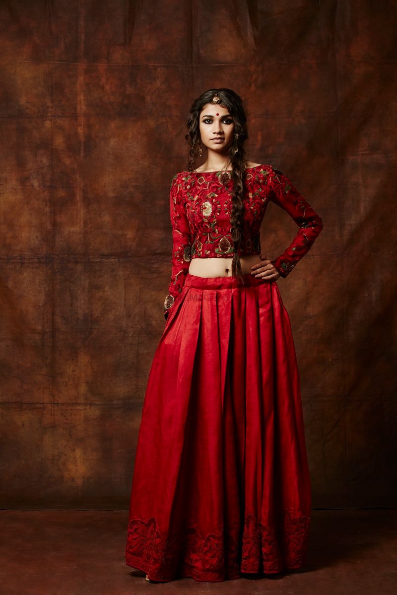 Red netted crop top lehenga - Bride Collections - Collections
