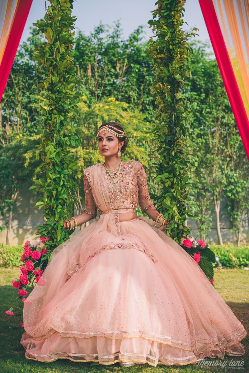 Photo Of Gold Shimmer Blouse With Frock Lehenga photo-of-gold-shimmer-blouse-with-frock-lehenga