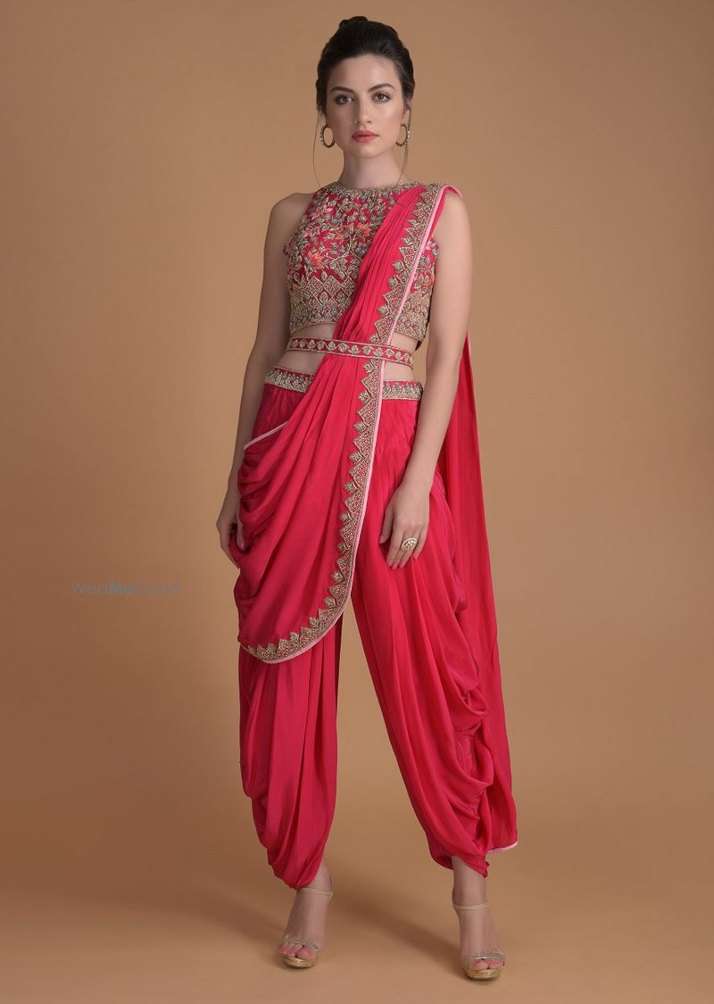 Fuschia Embossed Dhoti Saree By Kalki Fashion