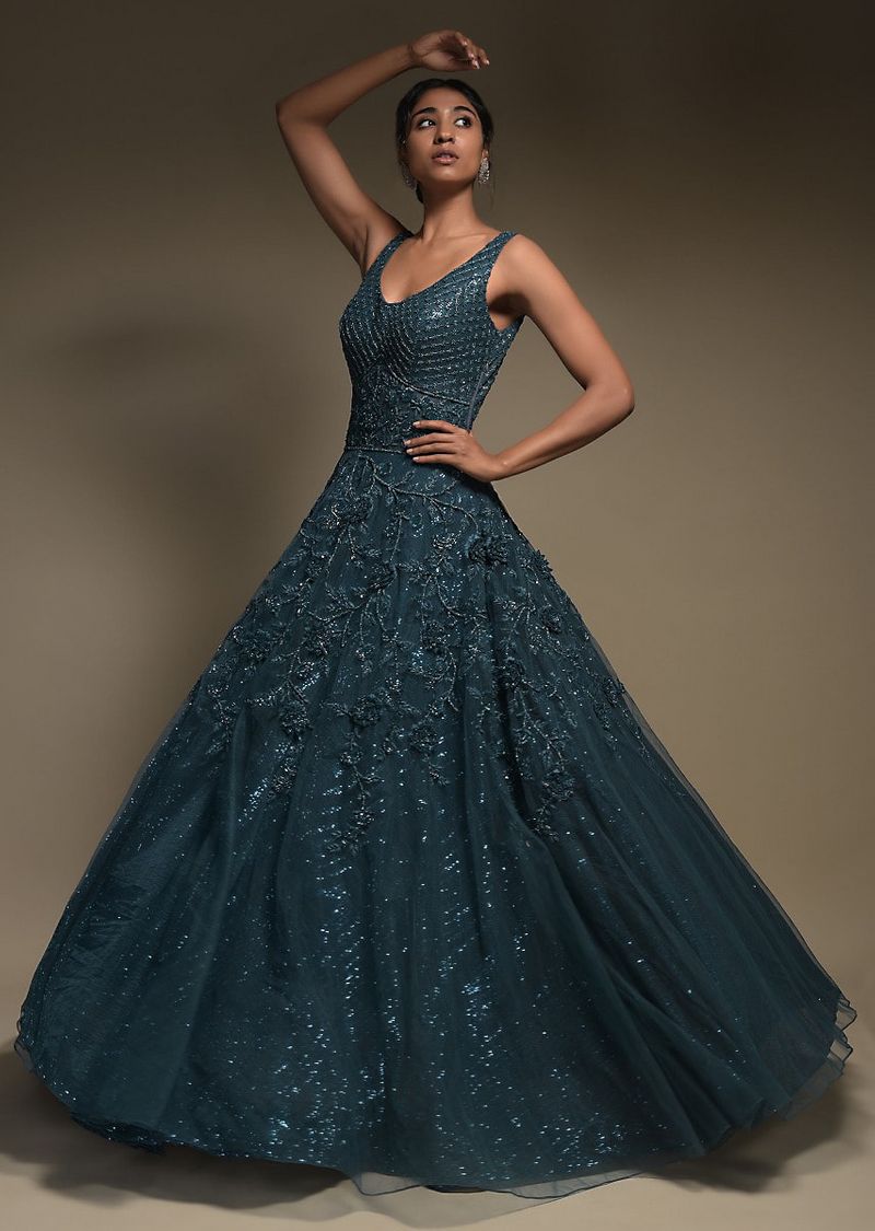 Teal indo-western gown by Kalki Fashion