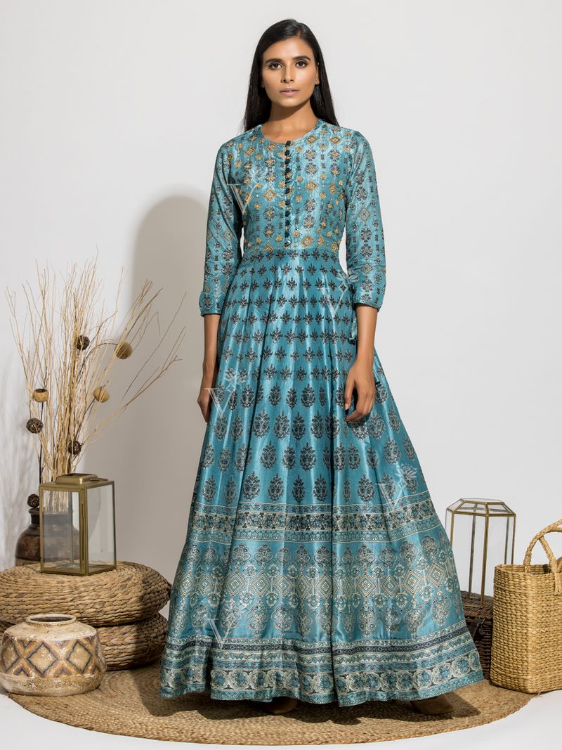 Frosty blue silk gown with drawstring sleeves by Vasansi