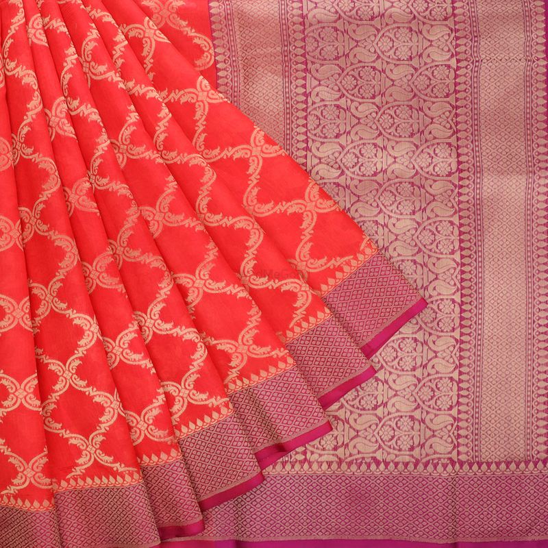 Vivid Red Banarasi Silk Saree With Jaal Design