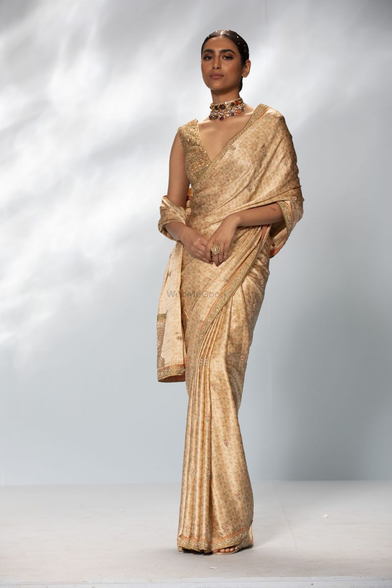 Beige Gold Georgette Saree Set - Priti Sahni- Fabilicious Fashion