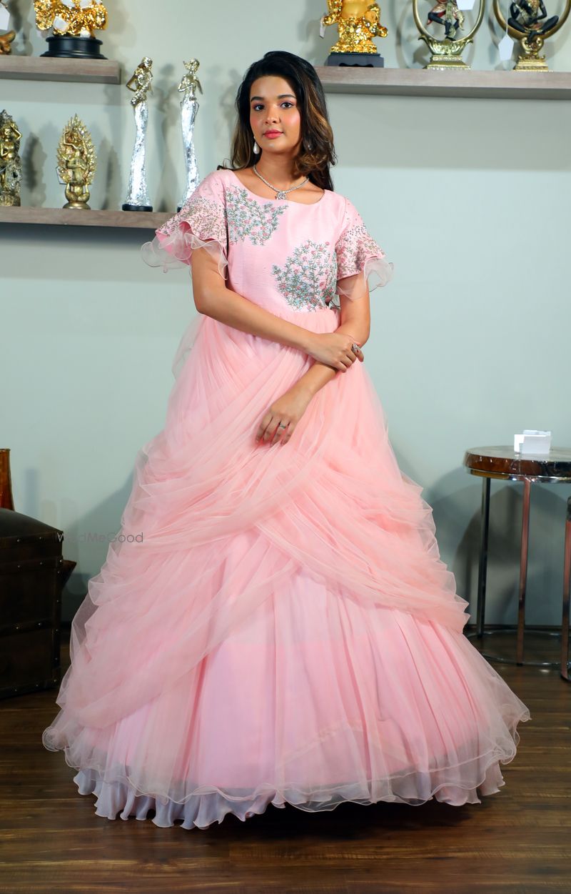 Pastel pink floral bunch embroidered gown by Deepthi Ganesh