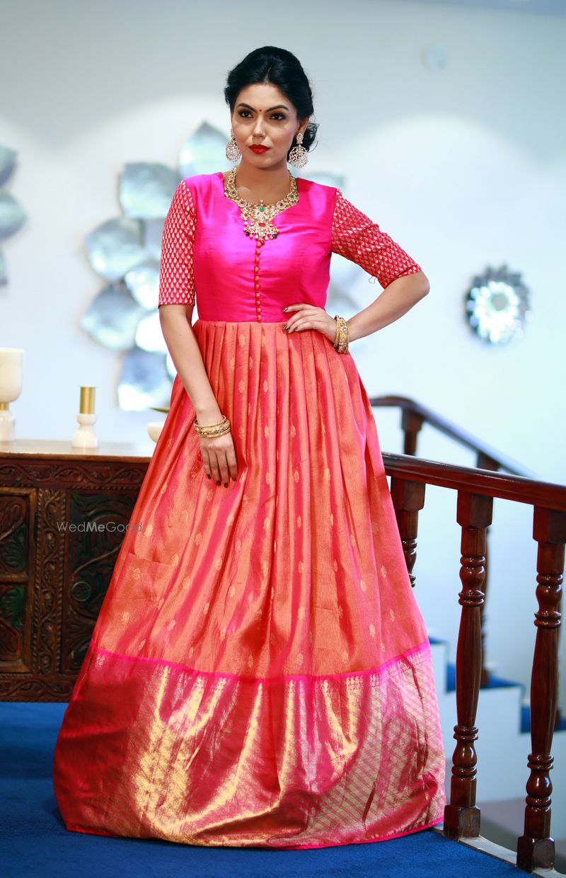 Peach pink kanjeevaram gown by Deepthi Ganesh