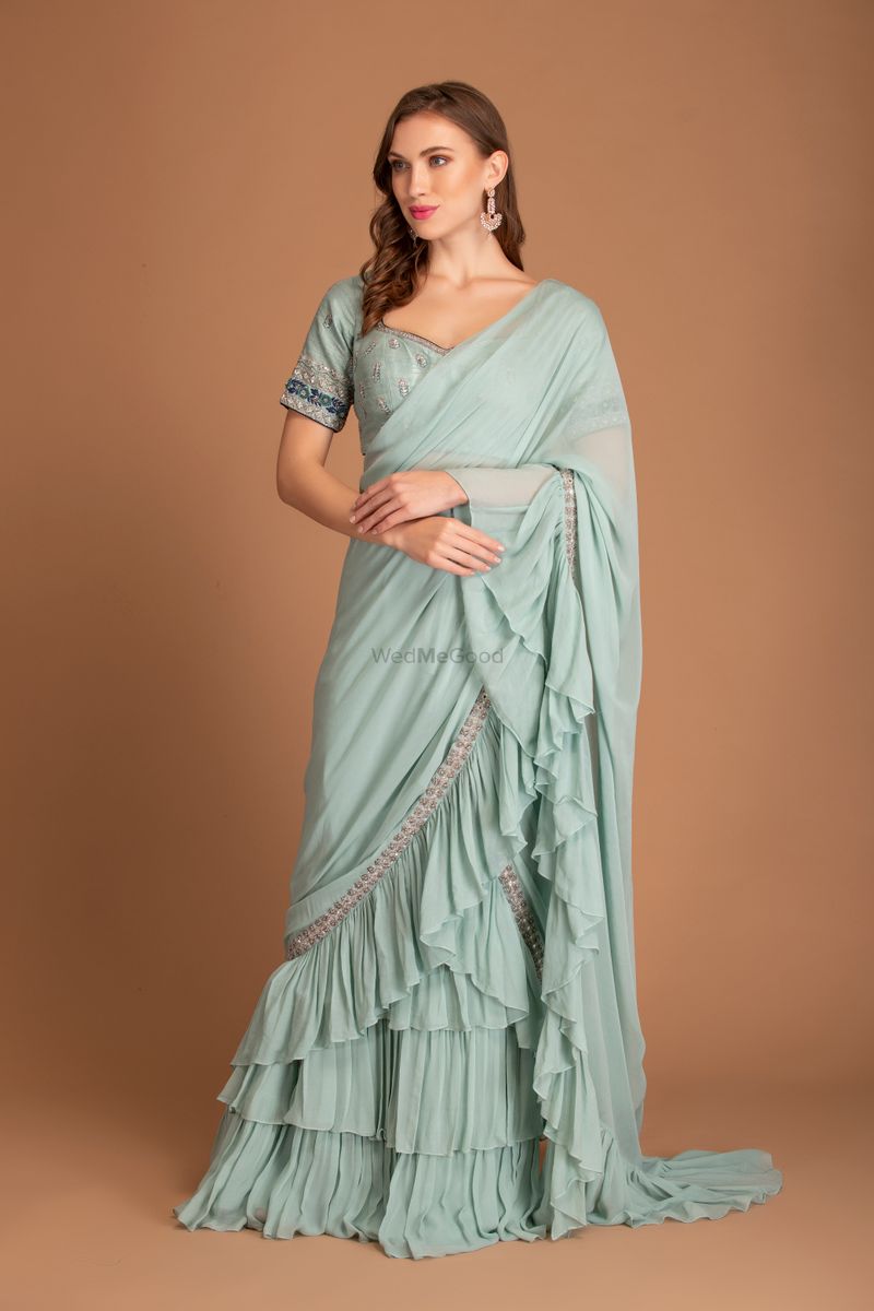 Ruffle Sari With Floral Embroidered Blouse | Mrunalini Rao – KYNAH