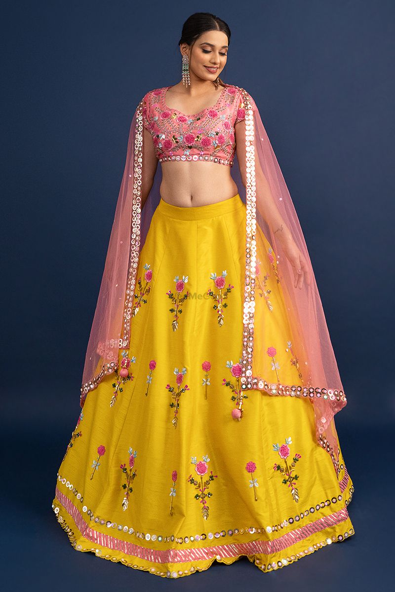 Jagriti's Yellow and Baby Pink Banarasi Lehenga – madhurya.com
