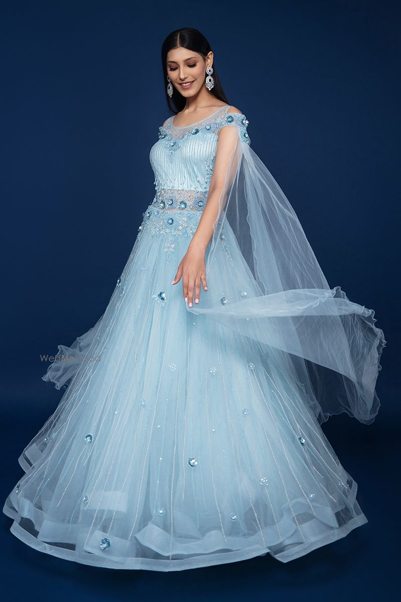 Light Blue Net Fancy Gown with Cape Sleeves