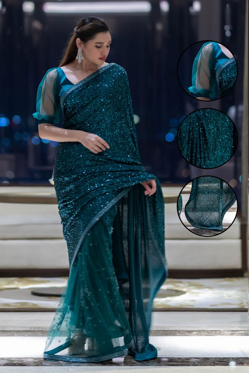 Mint Green Ready Pleated Saree In Sequins Embellished Net And Matching  Velvet Blouse Online - Kalki Fashion | Pleated saree, Blouse online, Saree