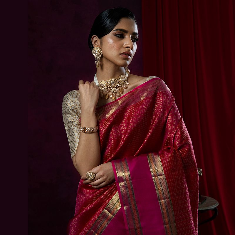 Pink Pure Zari Pure Silk Kanjivaram Saree With Small Checks And Striped ...