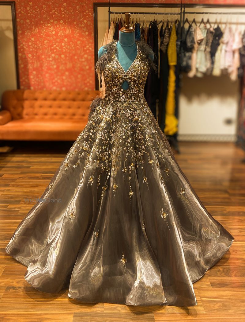 Brown floor length gown embellished with traditional zardozi embroidery ...