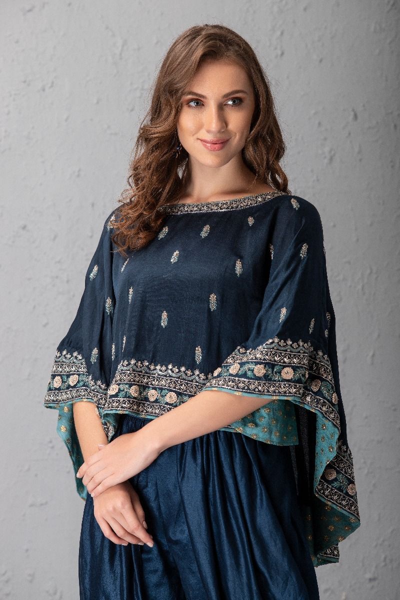 Midnight blue cape and dhoti set by House of Tushaom