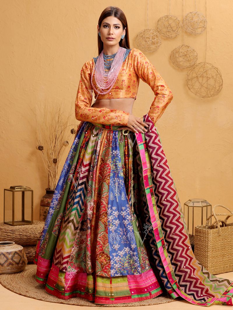 Hanndcrafted multicolored silk lehenga by Vasansi