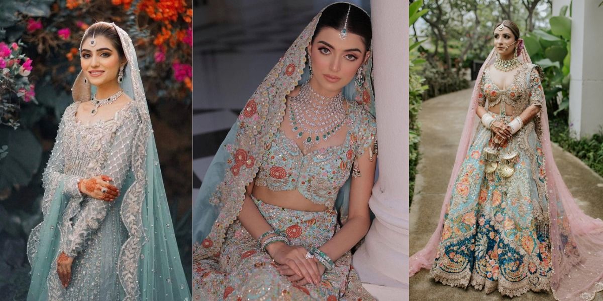 Latest Pakistani Ice Blue Bridal Lehnga for Wedding – Nameera by Farooq